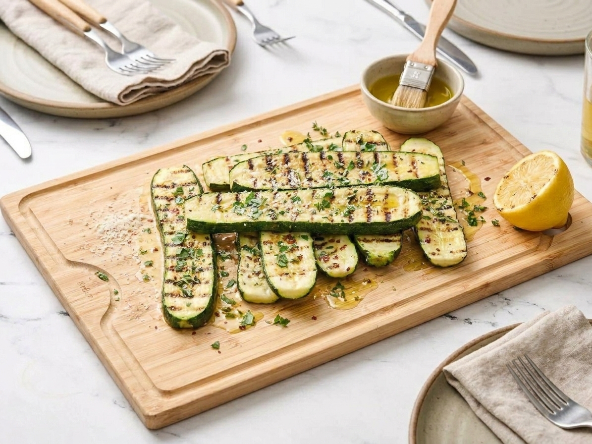 A serving platter of grilled zucchini topped with chopped herbs and a light sprinkle of Parmesan on a dinner table