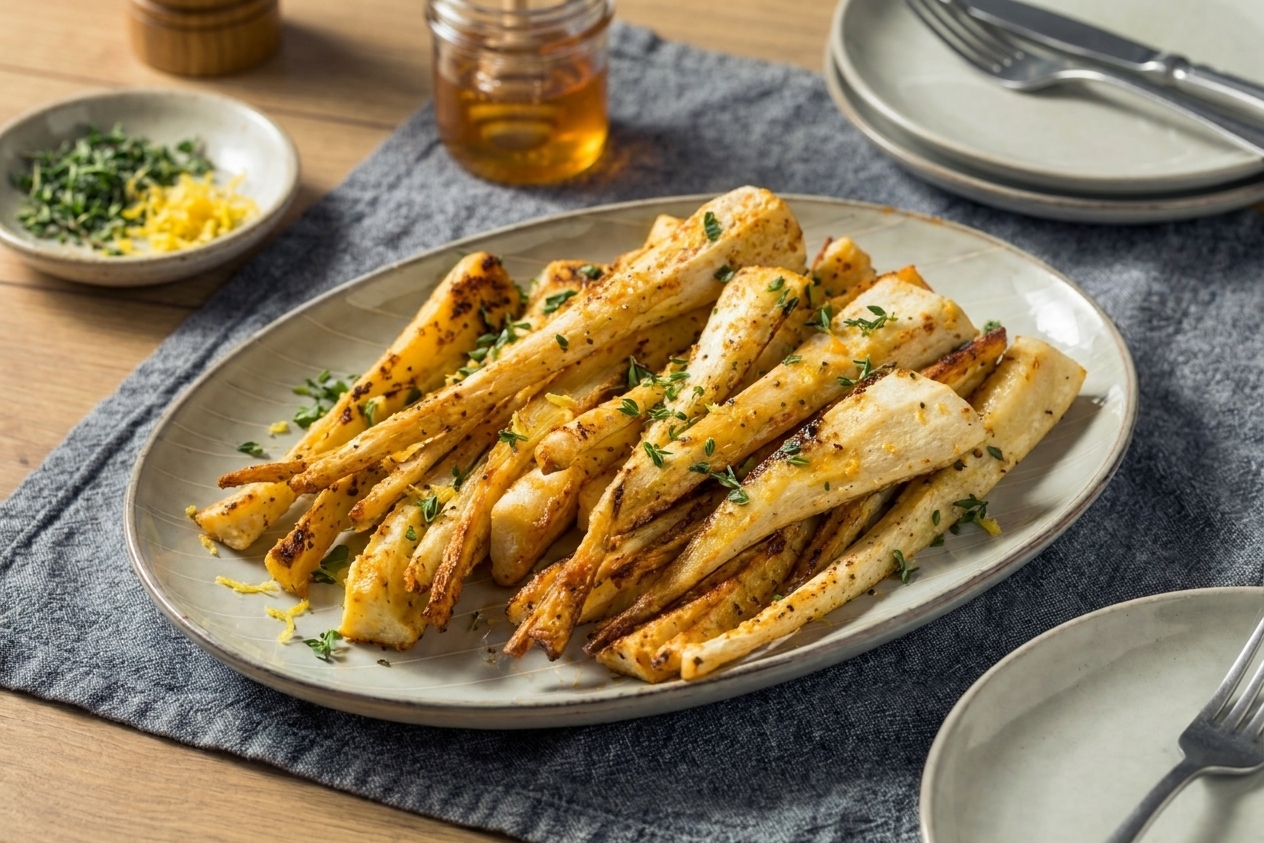 A serving platter of honey roasted parsnips sprinkled with thyme leaves and lemon zest, set on a simple dinner table