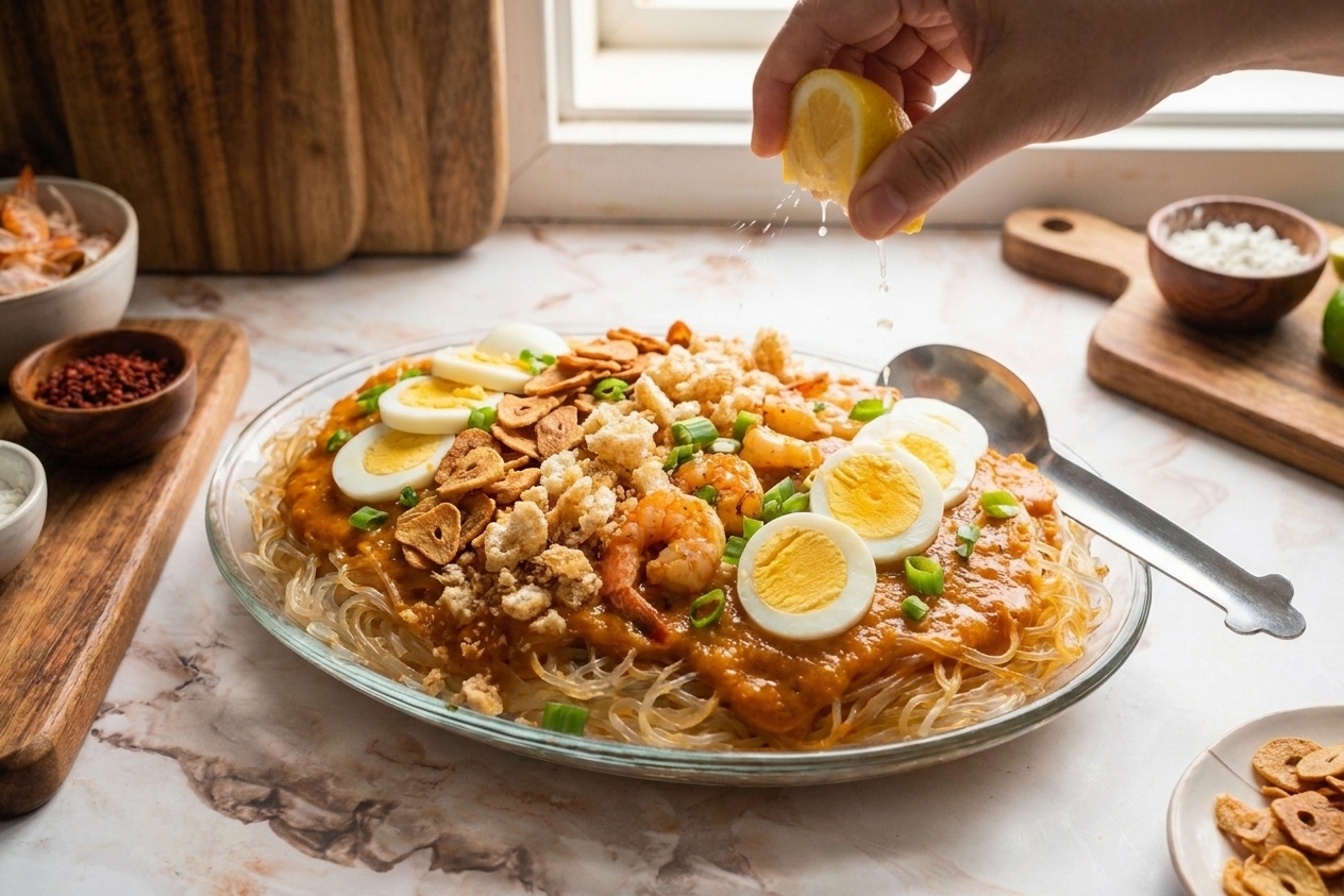 A serving platter of pancit palabok being finished with a squeeze of lemon, with toppings arranged neatly on top