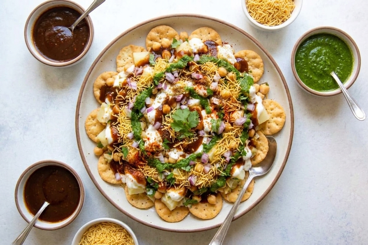 A serving platter of papdi chaat on a dining table with small bowls of extra chutney and spoons set out for sharing