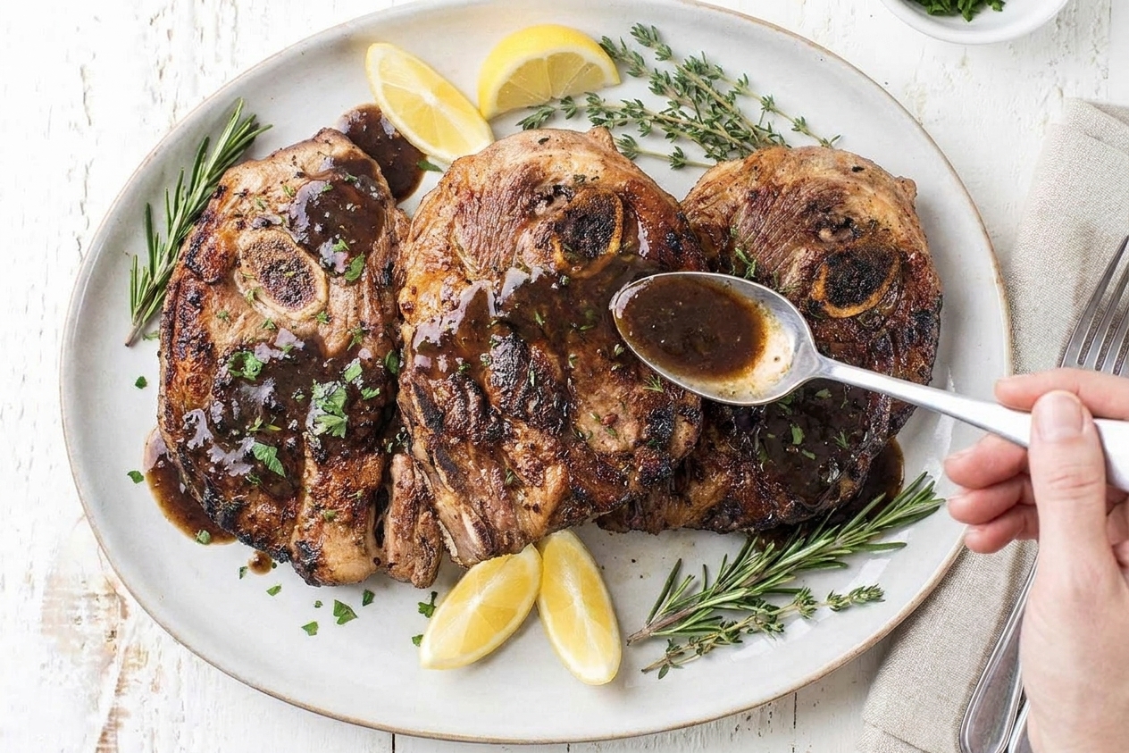 A serving platter of rested mutton shoulder chops on a kitchen counter with pan sauce spooned over the top and lemon wedges nearby