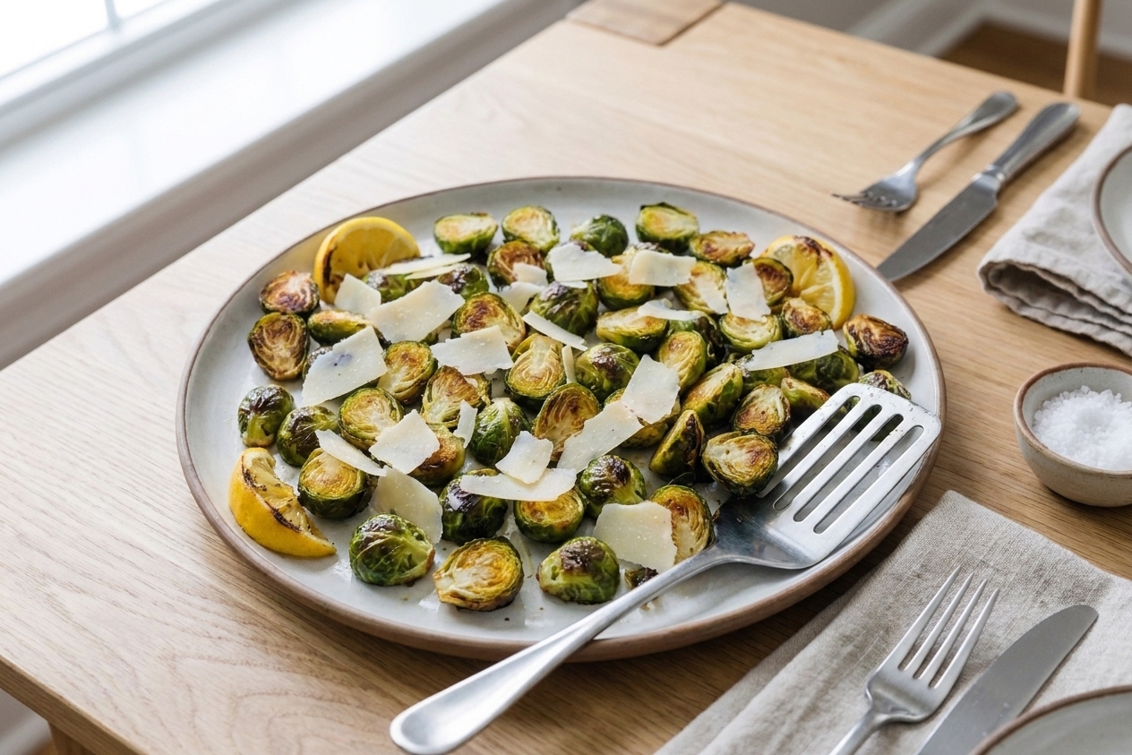 A serving platter of roasted Brussels sprouts with Parmesan and lemon wedges on a simple dinner table setting