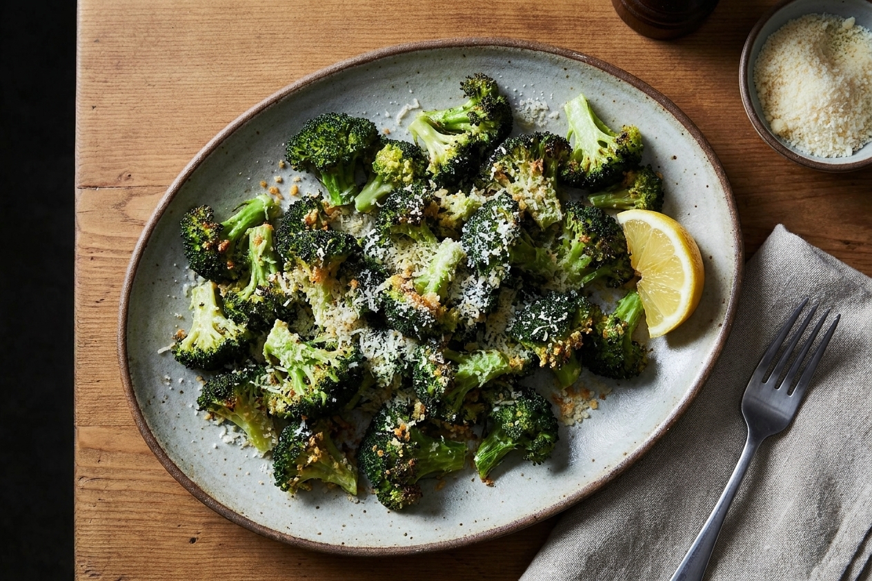 A serving platter of roasted baked broccoli topped with grated Parmesan and a lemon wedge on a simple dinner table setting