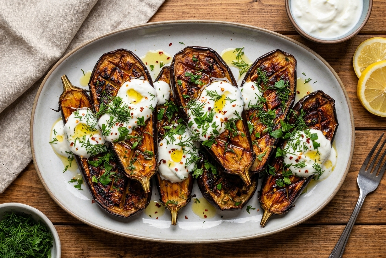 A serving platter of roasted brinjal wedges with caramelized edges, topped with garlic yogurt, chopped herbs, and a drizzle of olive oil on a warm kitchen table