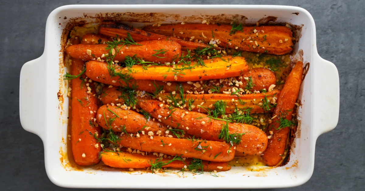 A serving platter of roasted carrots glazed with honey mustard and topped with golden herby breadcrumbs on a spring Easter table setting