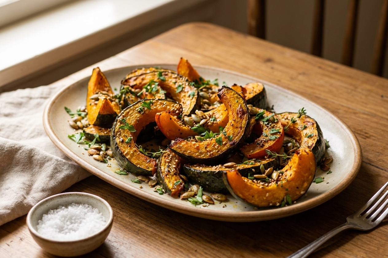 A serving platter of roasted kabocha squash wedges garnished with chopped herbs and seeds on a simple dinner table setting