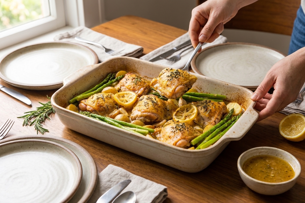 A serving platter of roasted lemon garlic chicken thighs with golden baby potatoes and bright asparagus, lightly drizzled with pan sauce on a dinner table