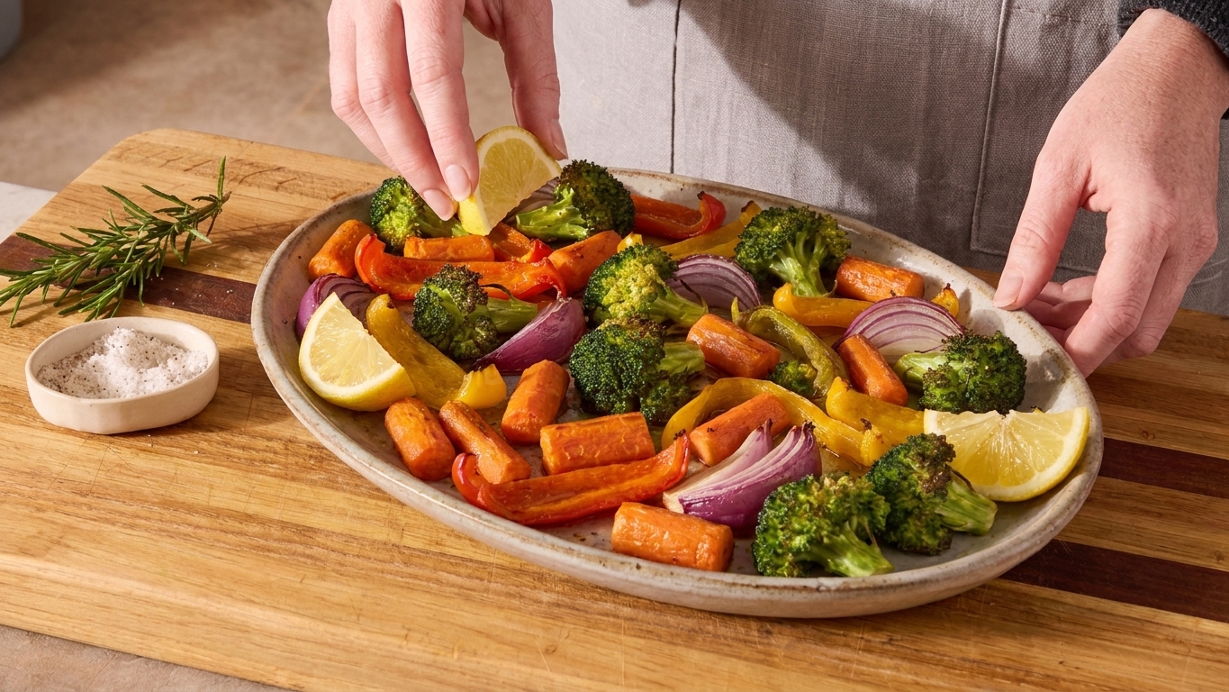 A serving platter of roasted mixed vegetables with browned edges and lemon wedges on a simple wooden table setting