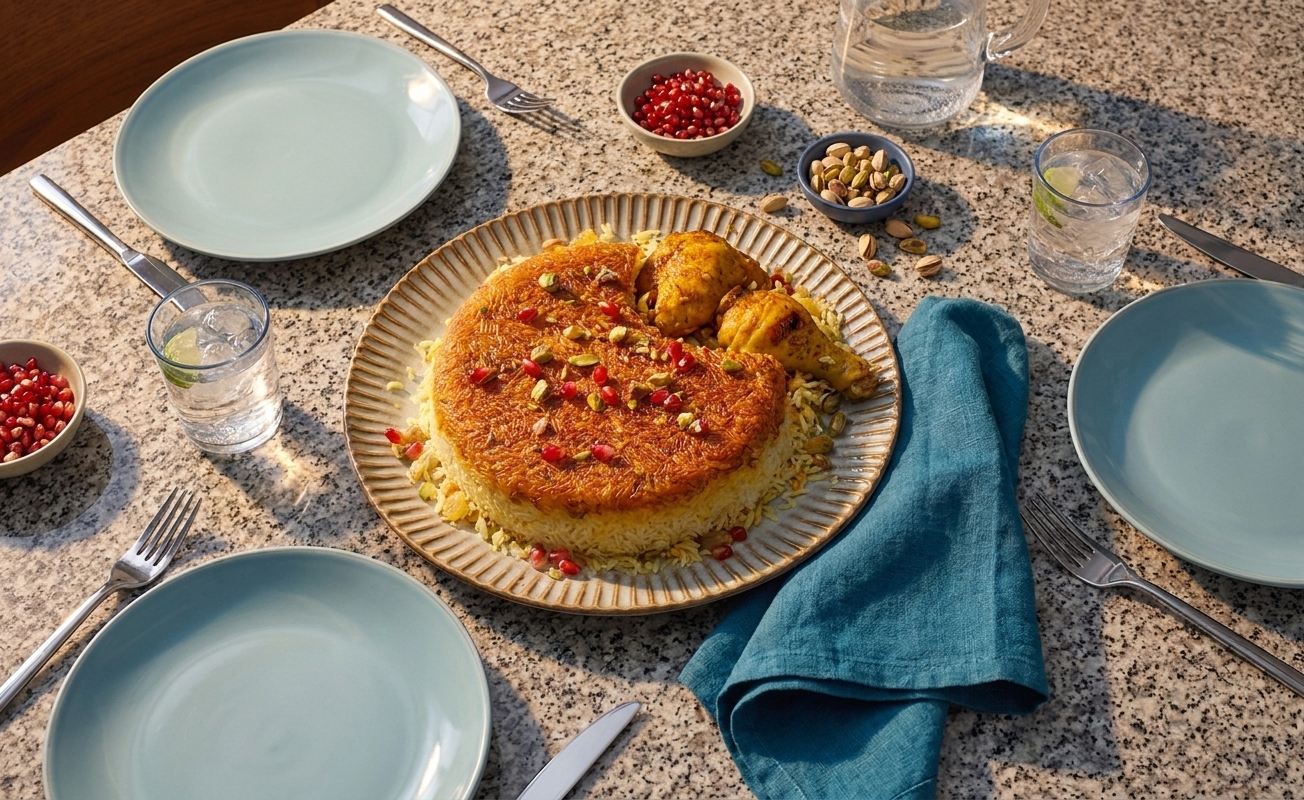 A serving platter of saffron rice and tahdig with chicken set on a family-style dinner table with simple plates, cutlery, and warm evening light