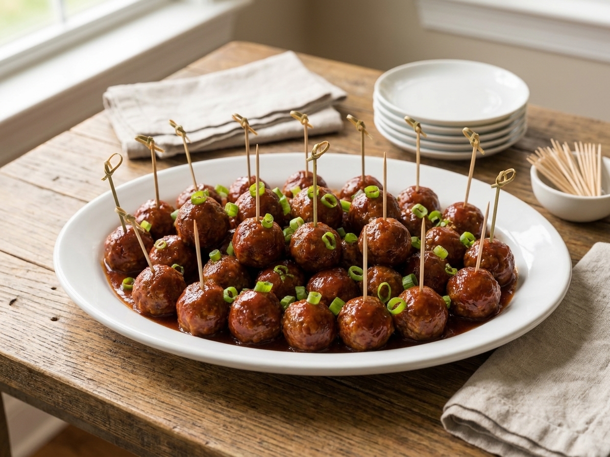 A serving platter of saucy cocktail meatballs with toothpicks inserted, set on a simple party table with small plates in the background