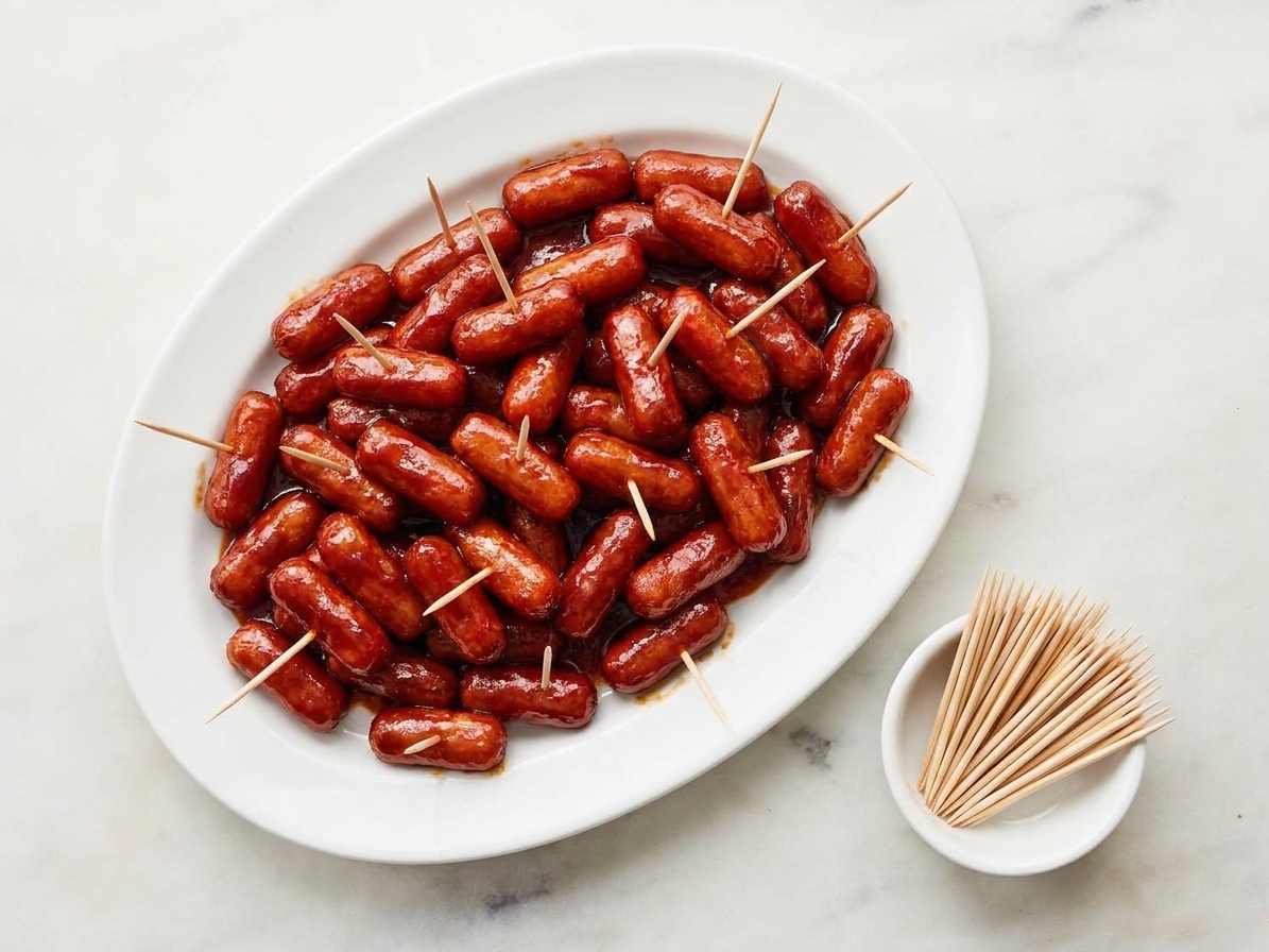 A serving platter of saucy little smokies with toothpicks, set on a simple table with a small bowl of extra toothpicks nearby