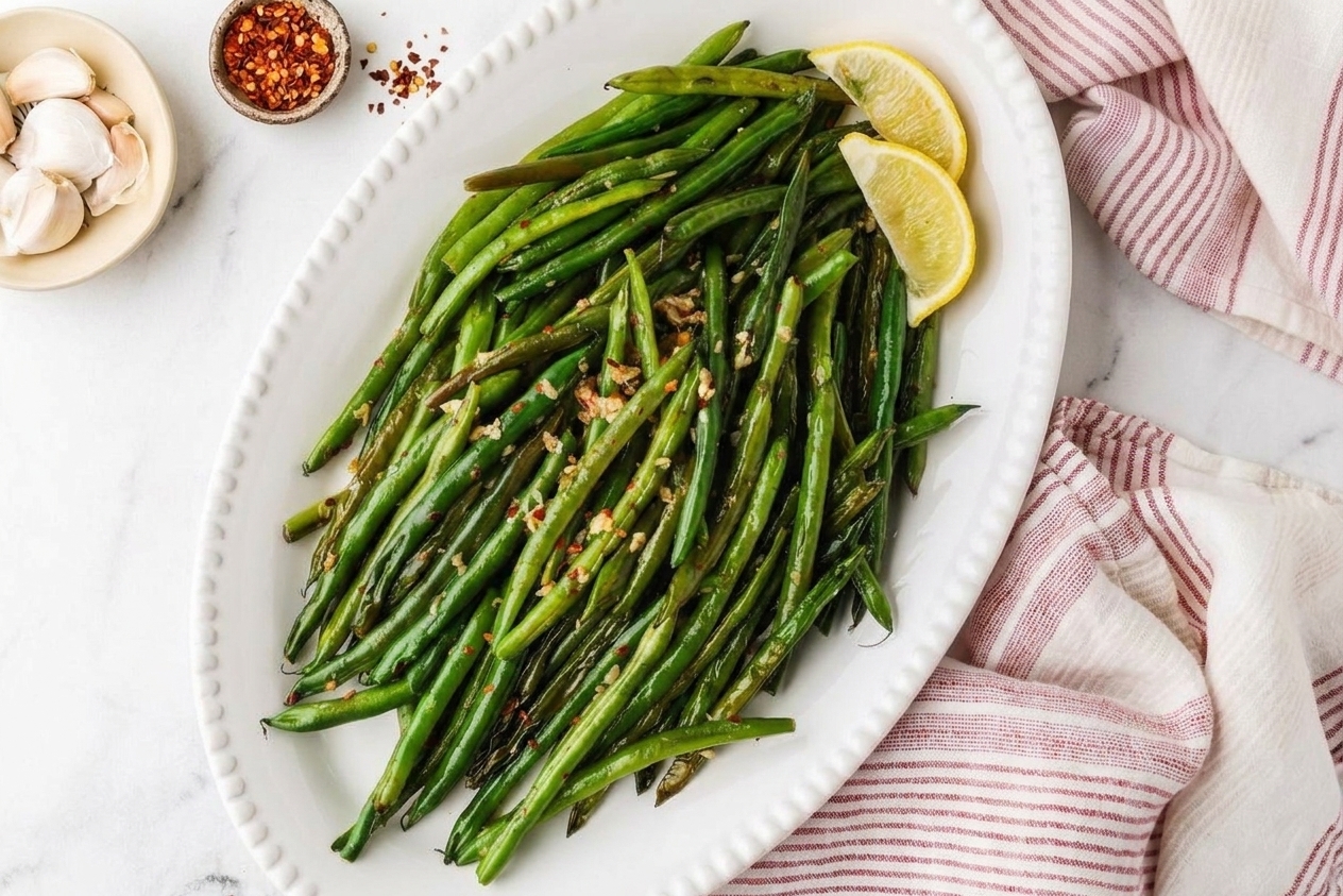 A serving platter of sautéed green beans glossy with butter and lemon, ready to serve