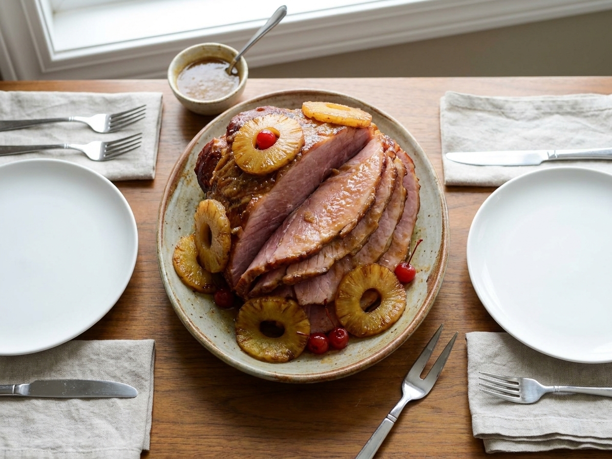 A serving platter of sliced crockpot ham with shiny glaze and pineapple rings on a dining table with simple plates and utensils