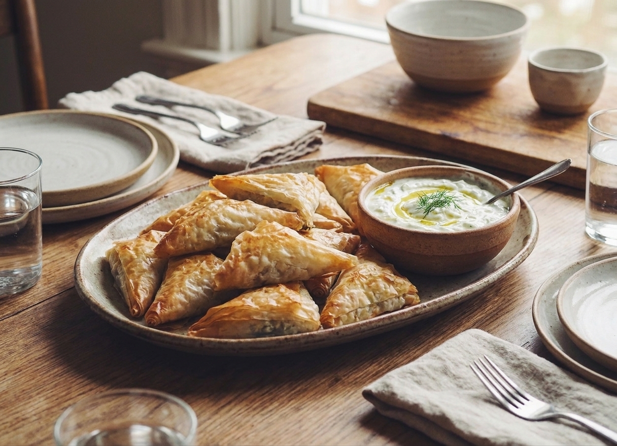 A serving platter of spinach and feta phyllo triangles with a small bowl of tzatziki on a casual family dinner table