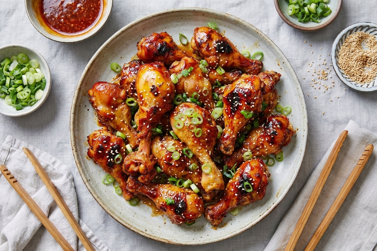 A serving platter of sticky glazed chicken drumettes garnished with sliced green onions on a simple dinner table setting