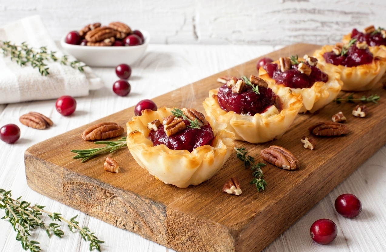 A serving platter of warm cranberry brie mini phyllo cups topped with pecans and thyme on a festive table setting