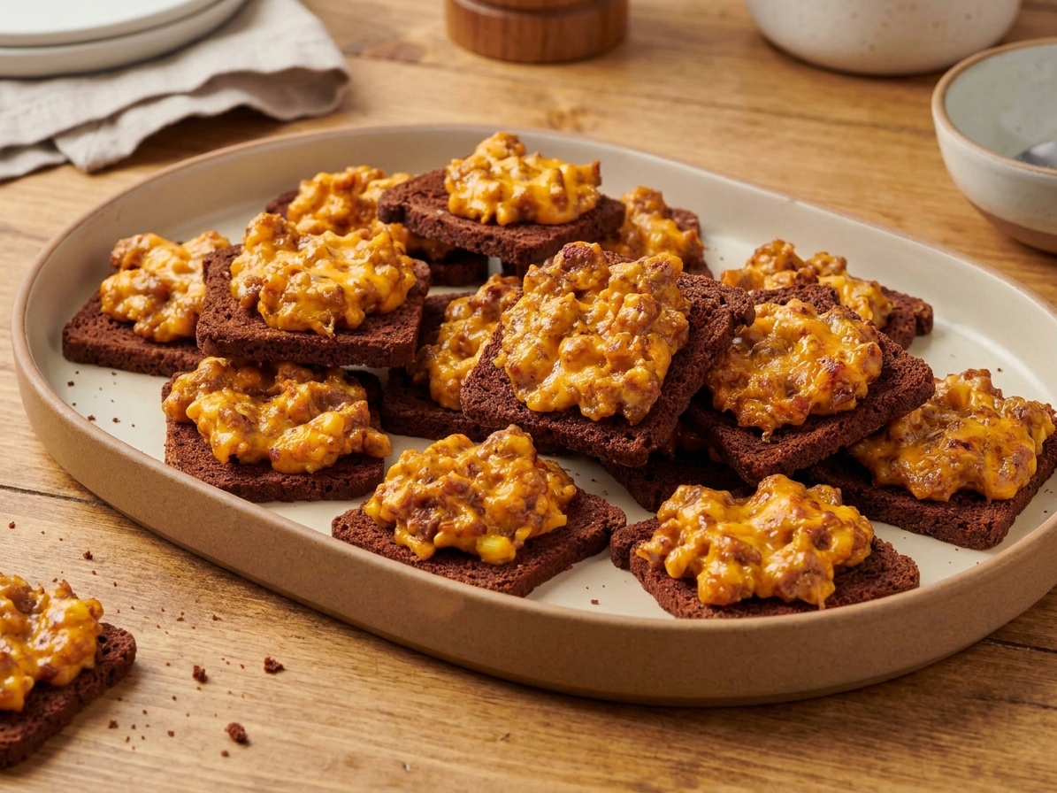 A serving platter piled with baked hanky panky appetizers, cheese browned in spots and rye edges crisp