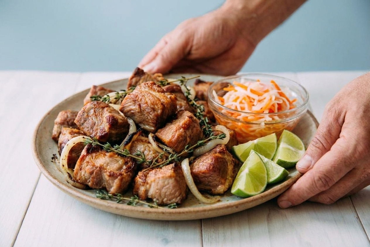A serving platter piled with crispy Haitian griot pork pieces with lime wedges and a small bowl of pikliz on the side on a dinner table