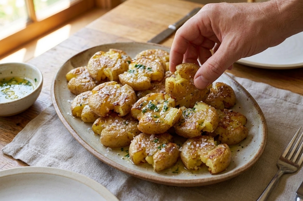 A serving platter piled with crispy smashed Yukon Gold potatoes, glistening with garlic herb butter and sprinkled with flaky salt on a simple dinner table setting