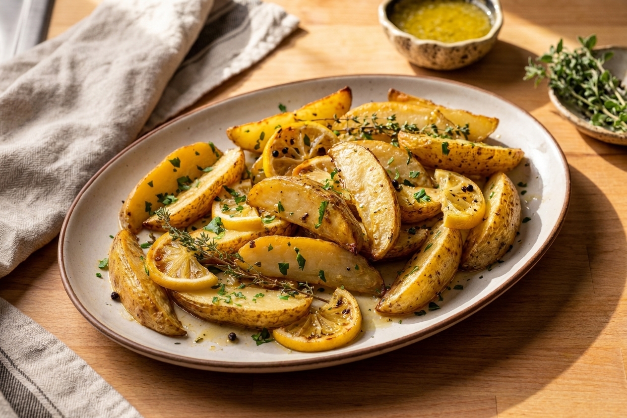 A serving platter piled with golden Greek lemon potato wedges, glistening with lemon-garlic pan sauce and sprinkled with fresh parsley on a warm, sunlit kitchen table