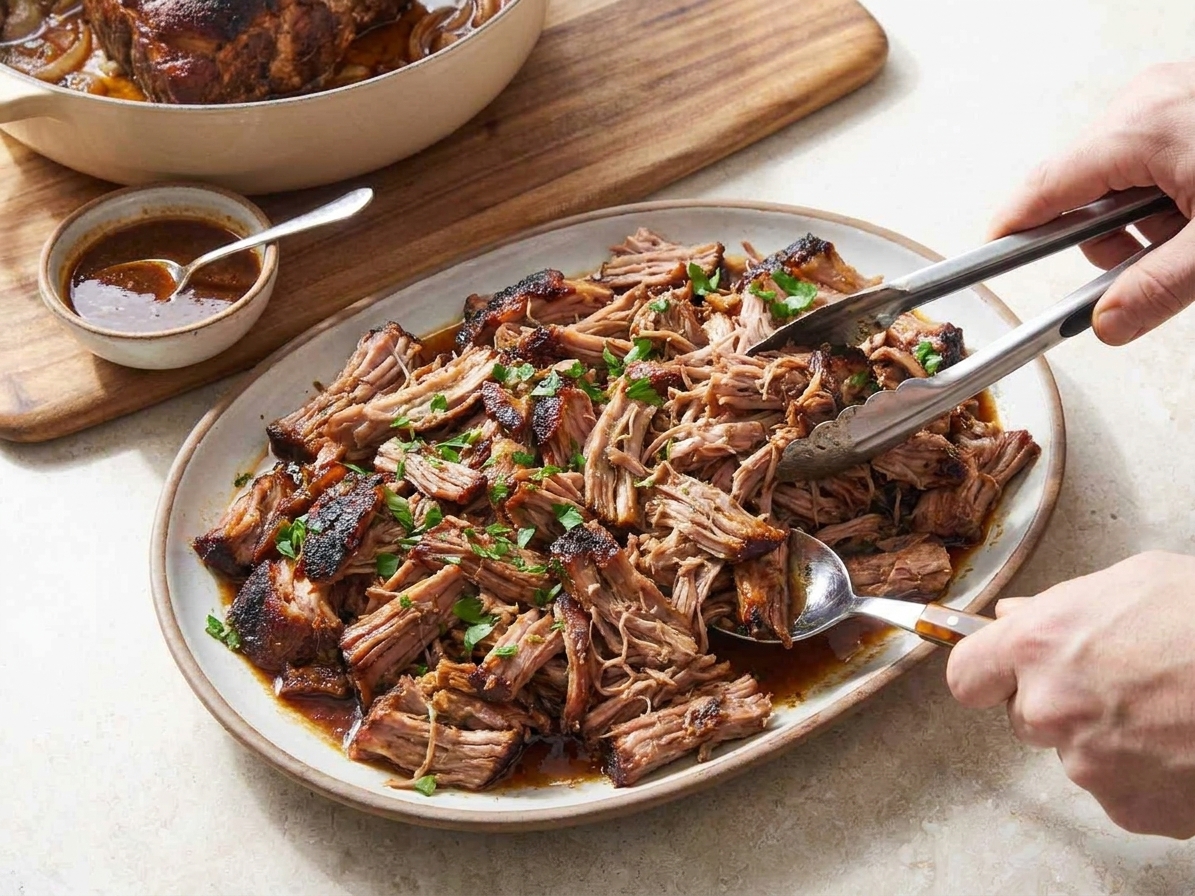 A serving platter piled with shredded pork and caramelized edges, with a small bowl of pan sauce on the side