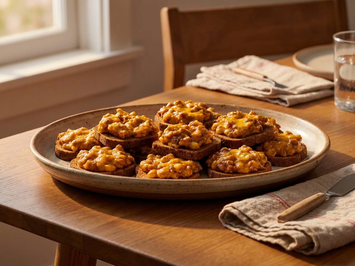 A serving platter piled with warm hanky panky rye bites on a dining table with simple napkins and soft evening light
