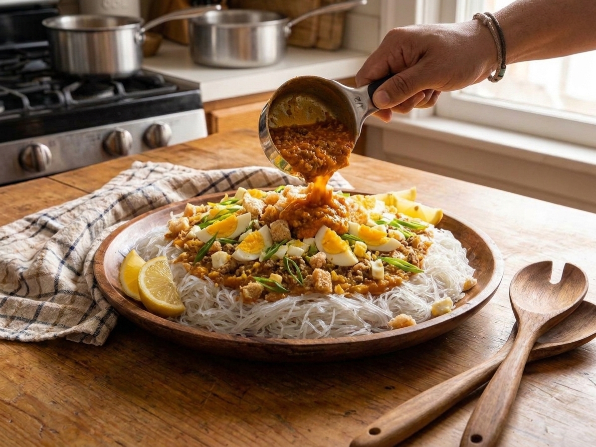 A serving platter with bihon noodles being topped with orange palabok sauce, chopped eggs, scallions, and crushed chicharrón in a home kitchen