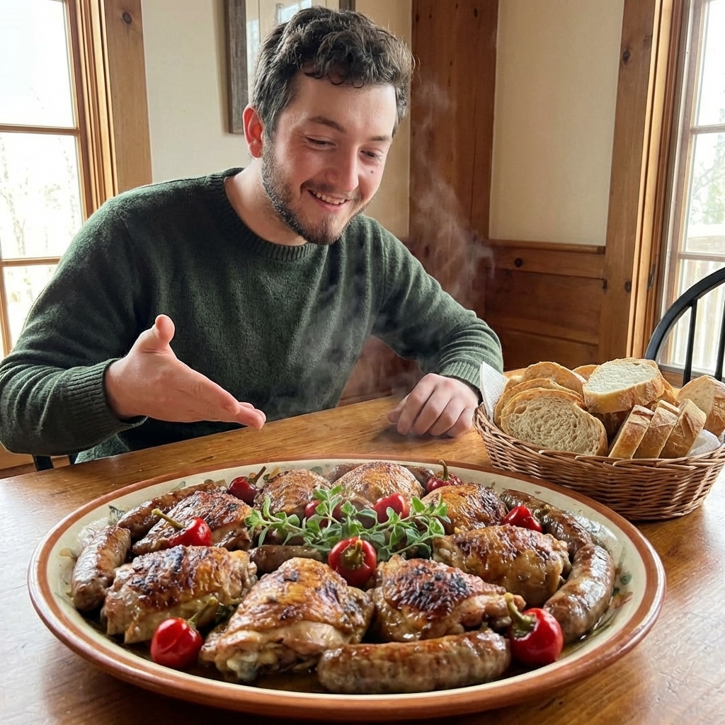 A serving platter with braised chicken thighs and browned Italian sausage topped with cherry peppers and herbs, with crusty bread on the side ready for dipping, real food photography