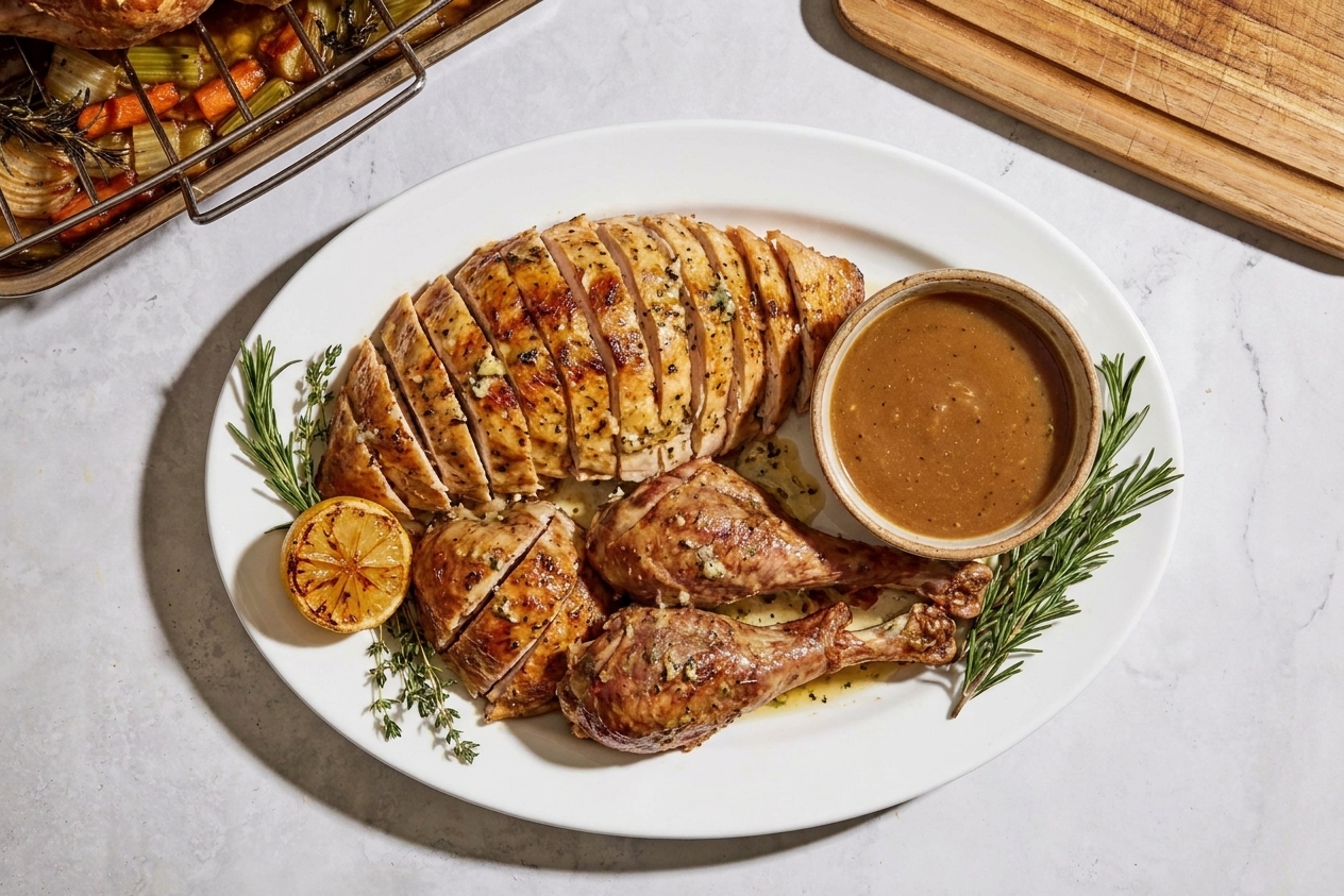 A serving platter with carved turkey breast slices and dark meat pieces arranged neatly, with a small bowl of gravy nearby on a dining table