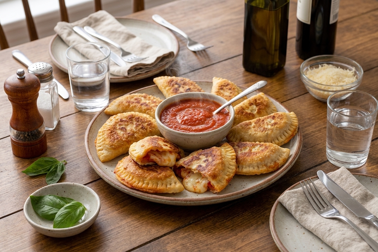 A serving platter with crisp pizzoli arranged around a small bowl of warm marinara sauce on a dining table with simple place settings