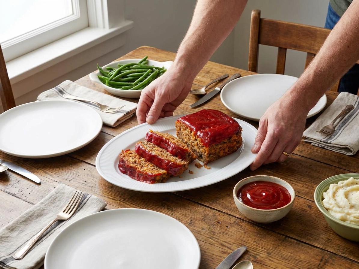 A serving platter with neatly sliced meatloaf and a small bowl of extra glaze on the side, set on a simple family dinner table