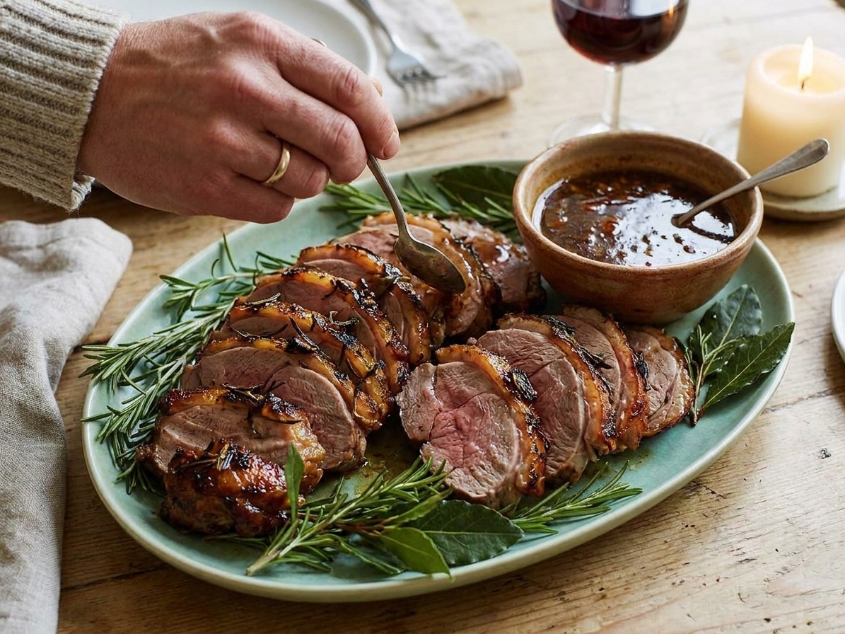 A serving platter with neatly sliced roast lamb, rosemary sprigs, and a small bowl of lemony pan sauce on a dinner table