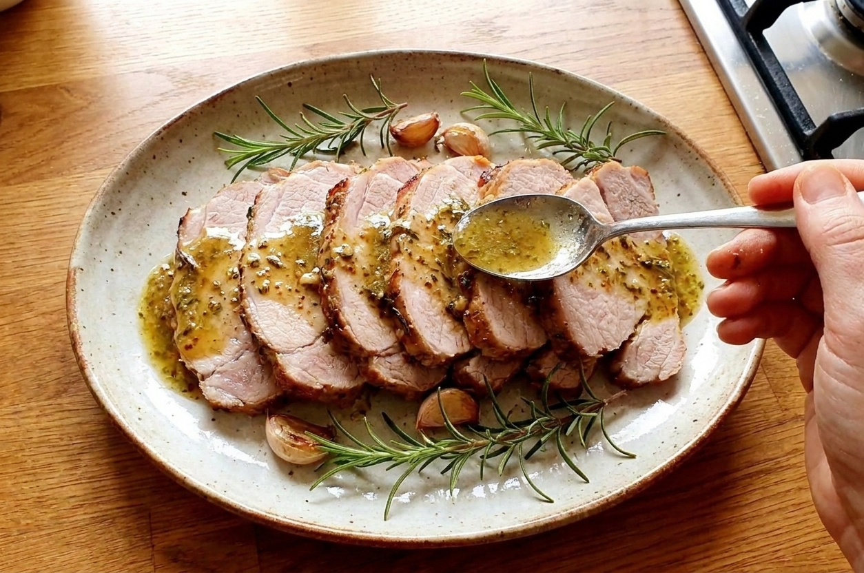 A serving platter with sliced pork sirloin roast arranged in a fan, with pan sauce spooned over the slices