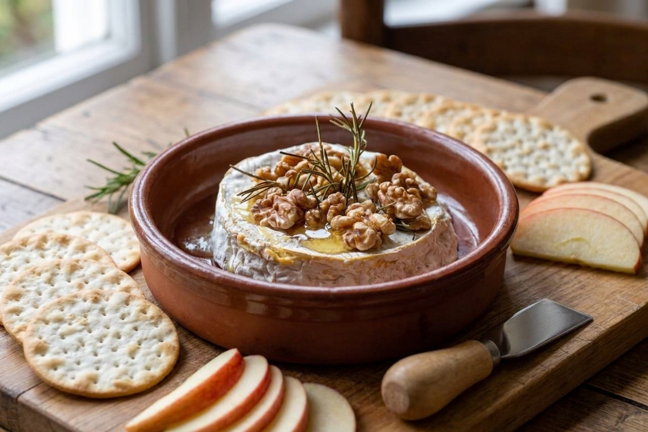 A serving scene with baked brie topped with walnuts and honey on a table, surrounded by crackers, sliced apples, and a small knife