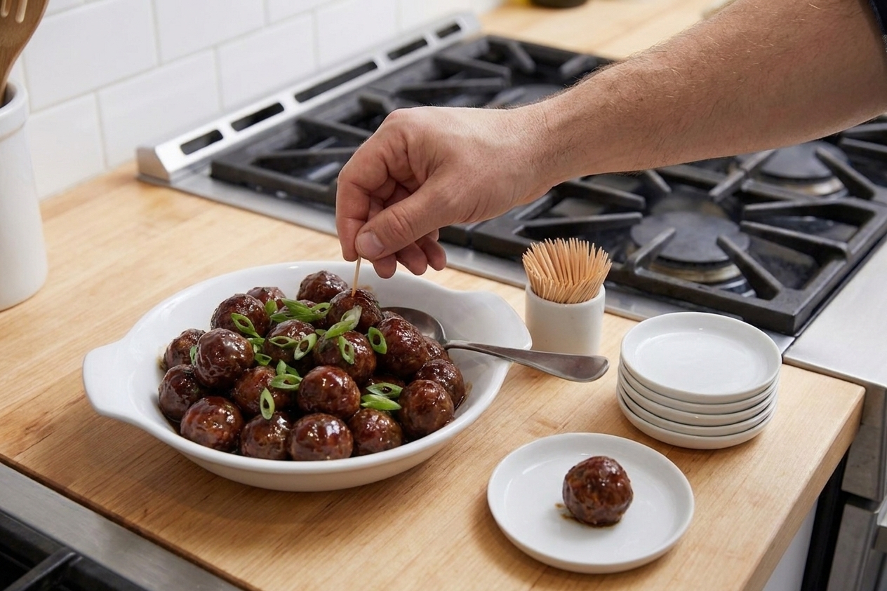 A serving setup with cocktail meatballs, toothpicks in a cup, and small plates ready for guests
