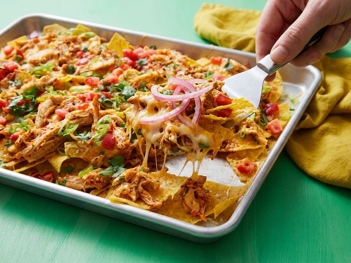 A serving spatula lifting a cheesy portion of chicken nachos from a sheet pan, with cilantro and pickled onions on top