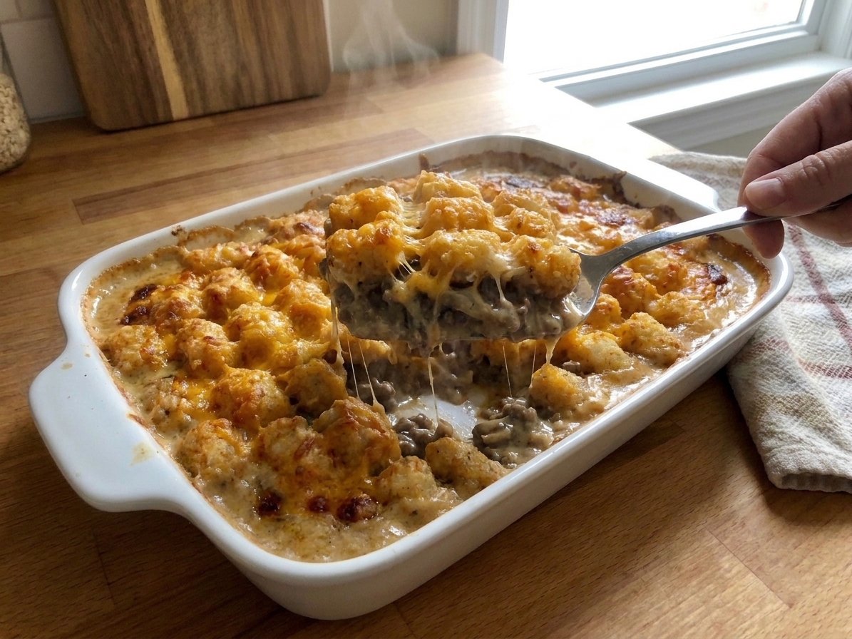 A serving spatula lifting a square portion of tater tot casserole from the baking dish, showing crispy tots, melty cheese, and creamy beef filling
