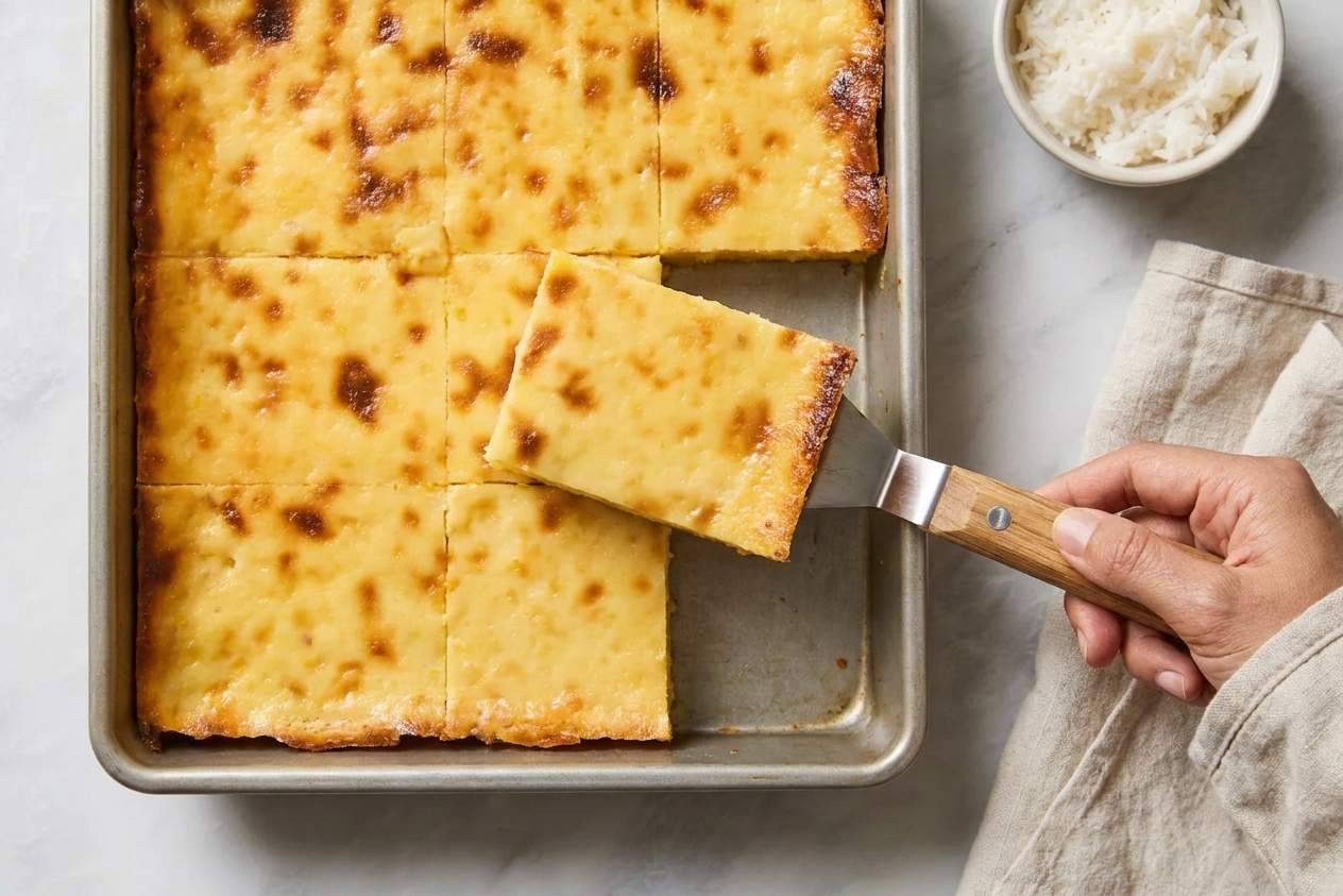 A serving spatula lifting a square slice of cassava cake from a baking pan, showing the custardy interior and golden coconut topping