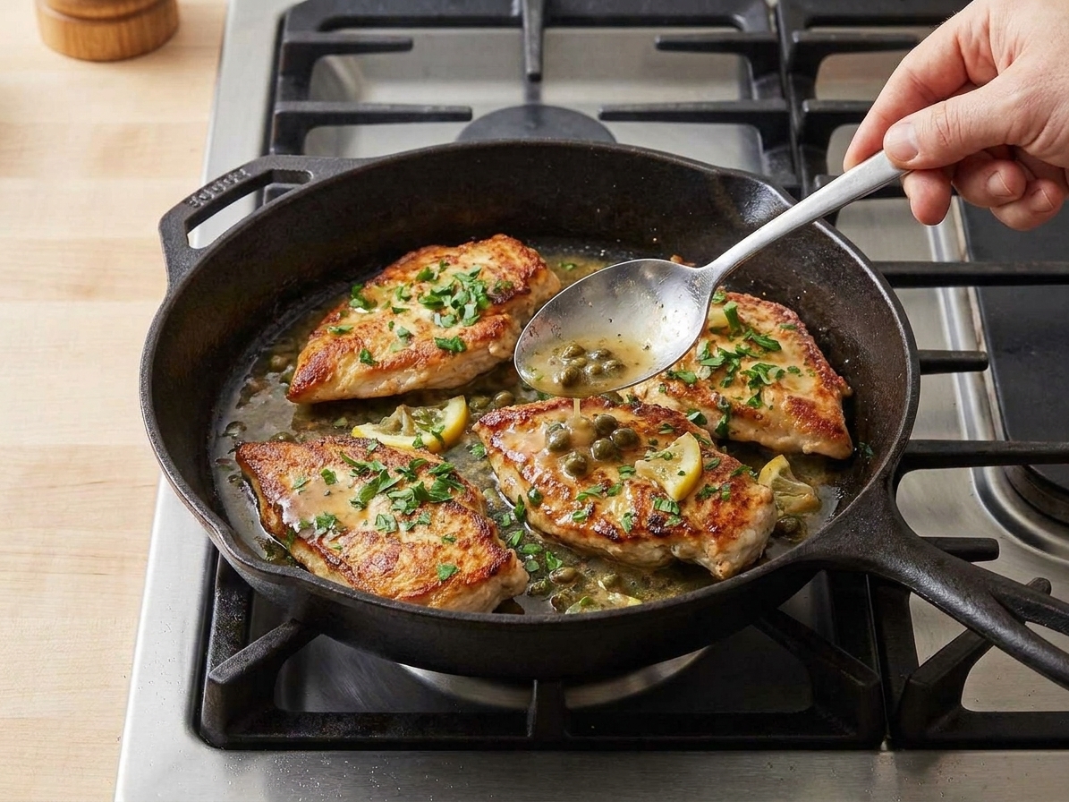 A serving spoon drizzling lemon caper butter sauce over golden chicken cutlets in a skillet, parsley scattered on top