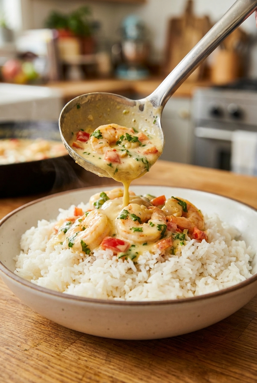 A serving spoon ladling creamy coconut shrimp sauce over a bowl of fluffy jasmine rice