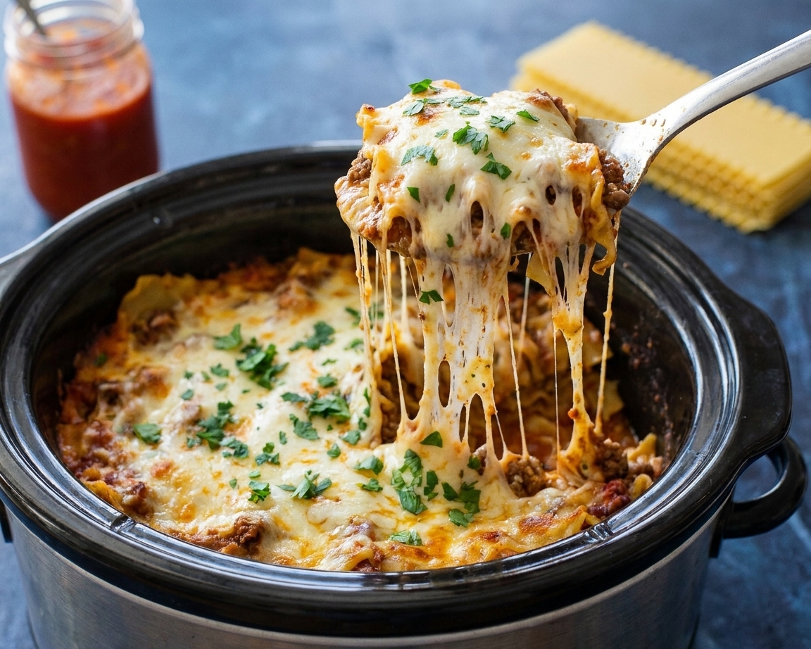 A serving spoon lifting a cheesy piece of lasagna from a slow cooker, with melted mozzarella stretching slightly