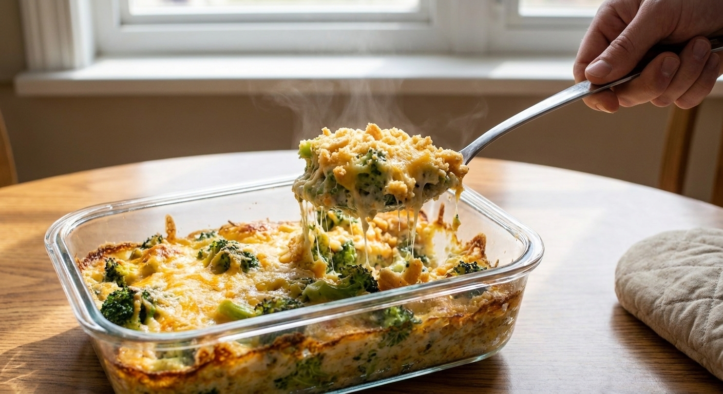 A serving spoon lifting a creamy portion of broccoli and cheese casserole from a golden, crunchy-topped baking dish on a dining table