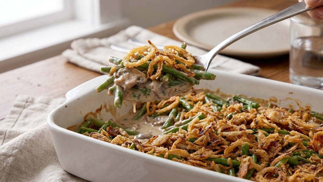 A serving spoon lifting a creamy scoop of green bean casserole with crispy onion topping from a baking dish on a dinner table