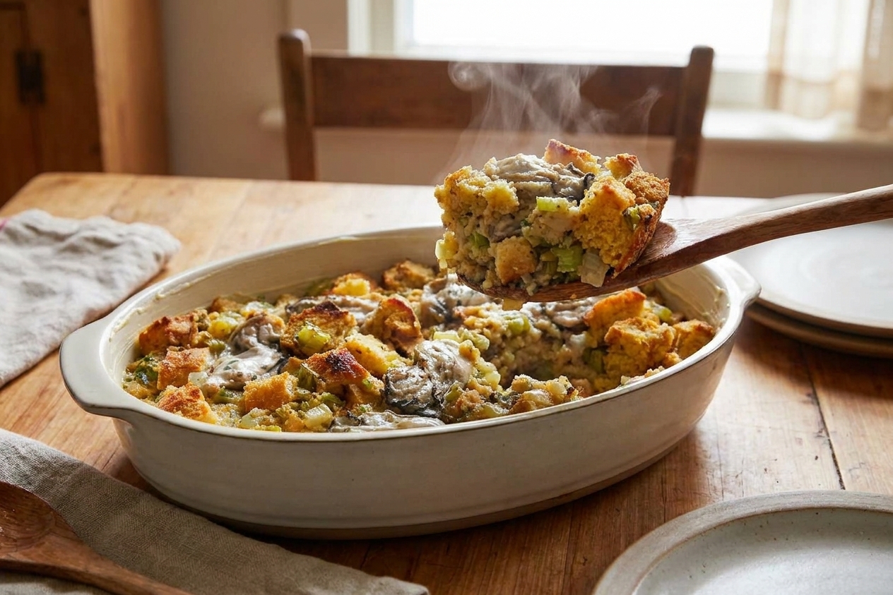 A serving spoon lifting a portion of baked oyster dressing showing a crisp top and tender interior in a casserole dish on a dinner table