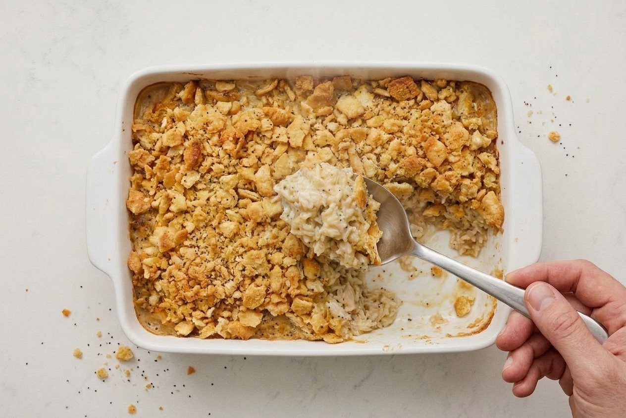 A serving spoon lifting a portion of creamy poppy seed chicken casserole with crispy cracker topping from a baking dish