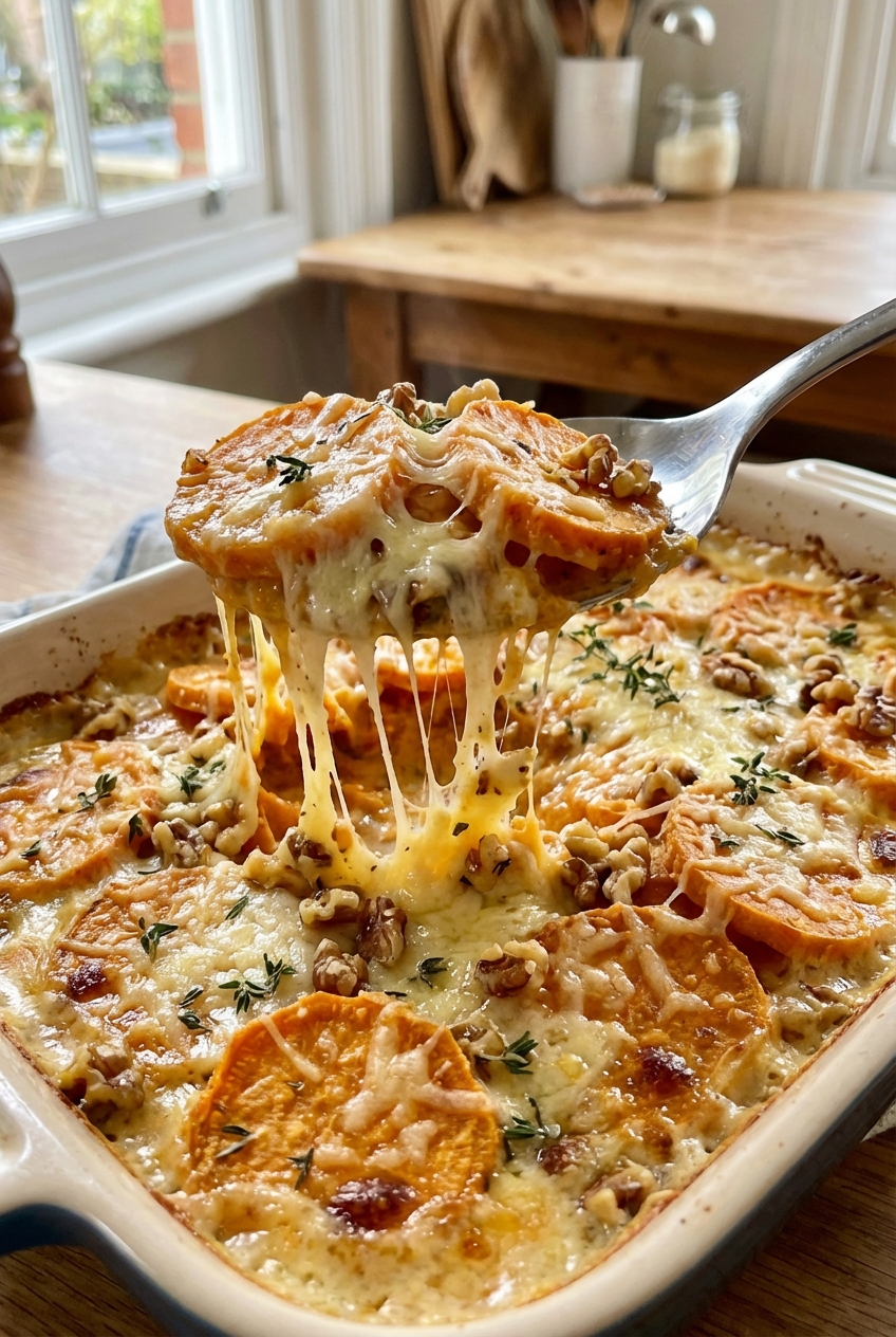A serving spoon lifting a portion of creamy sweet potato gratin with walnuts and melted cheese