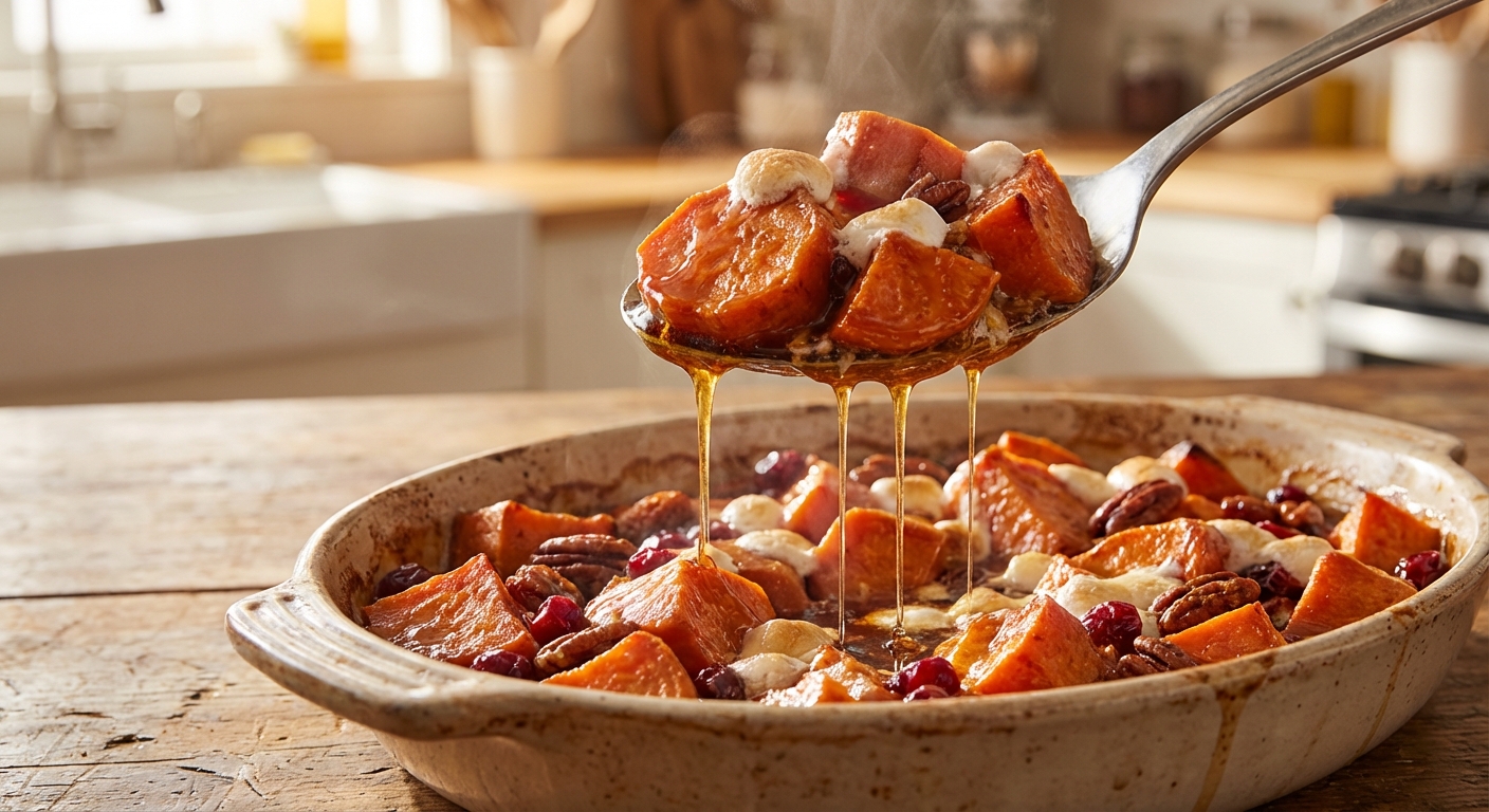 A serving spoon lifting a portion of glazed sweet potatoes from the baking dish, showing thick syrupy glaze dripping back into the pan