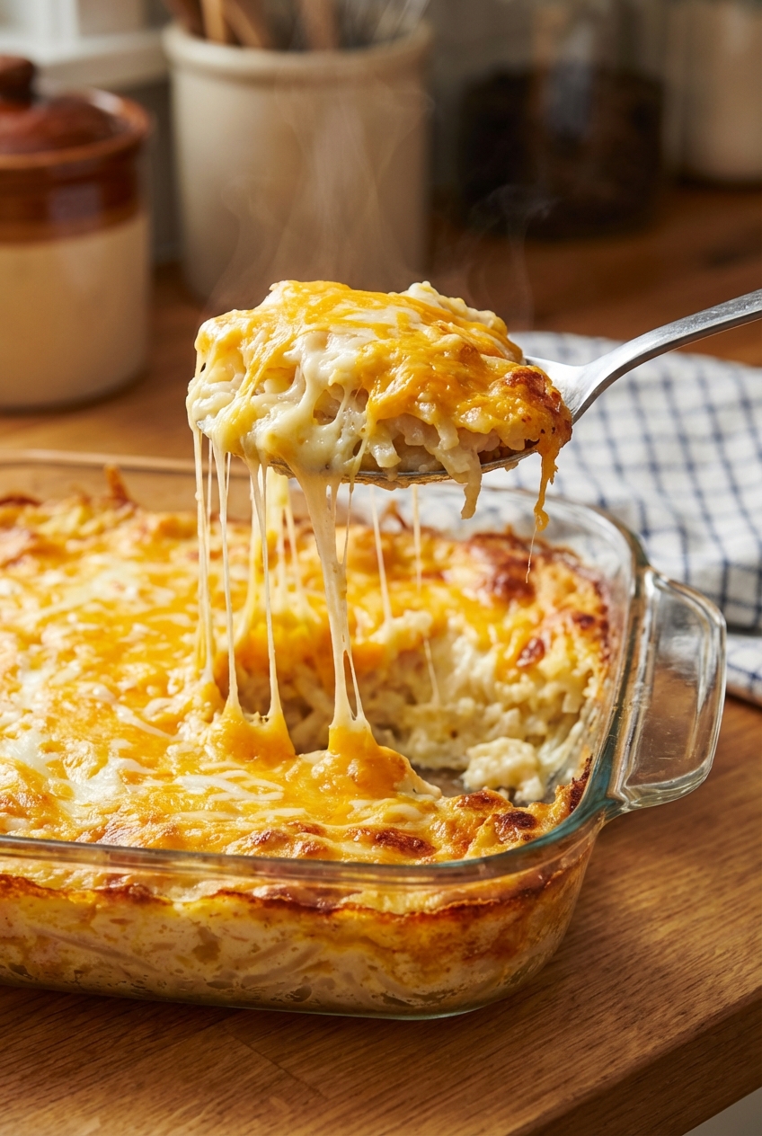 A serving spoon lifting a portion of hashbrown casserole from a baking dish with melted cheese stretching