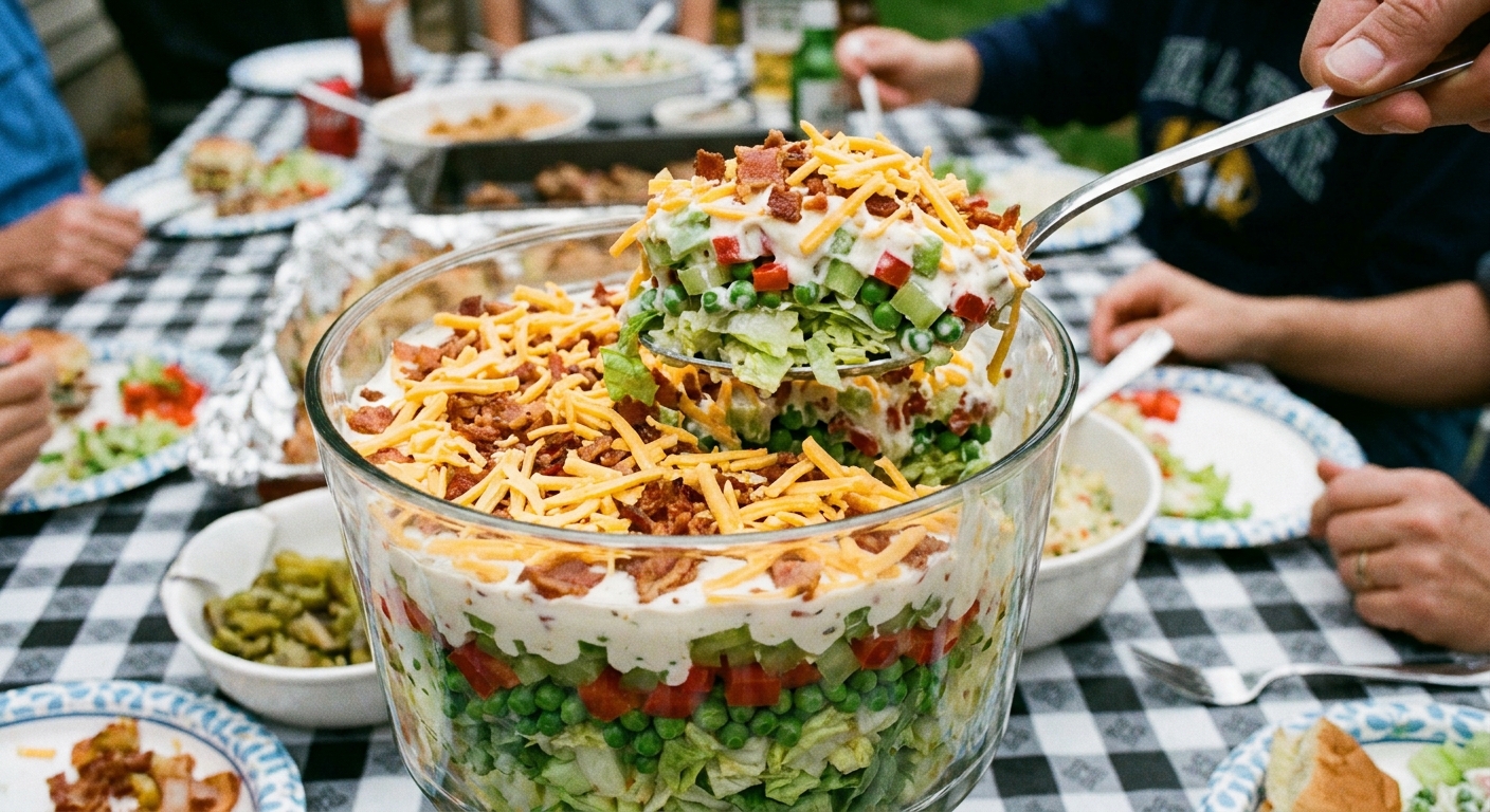 A serving spoon lifting a portion of seven layer salad from a glass dish, showing distinct layers of lettuce, peas, celery, red pepper, creamy dressing, bacon, and cheddar on a potluck table