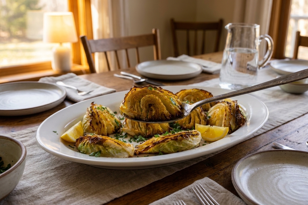 A serving spoon lifting a roasted cabbage wedge from a platter on a set dinner table with plates and linen napkins, cozy evening light